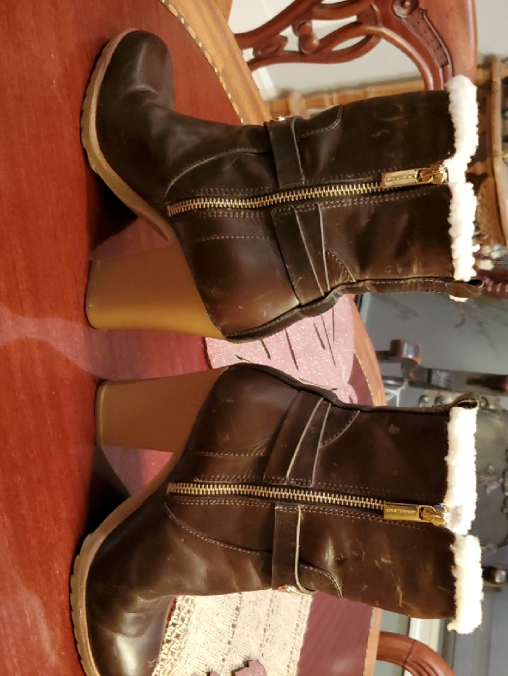 Michael Kors Women's Brown Leather Mid Calf 4in Heel Boots Shearling Distressed - Picture 2 of 15